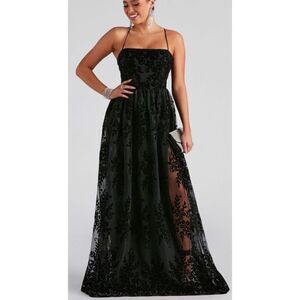 Windsor Desiree Formal Velvet Flocked Mesh Dress adjustable lace up top Womans S